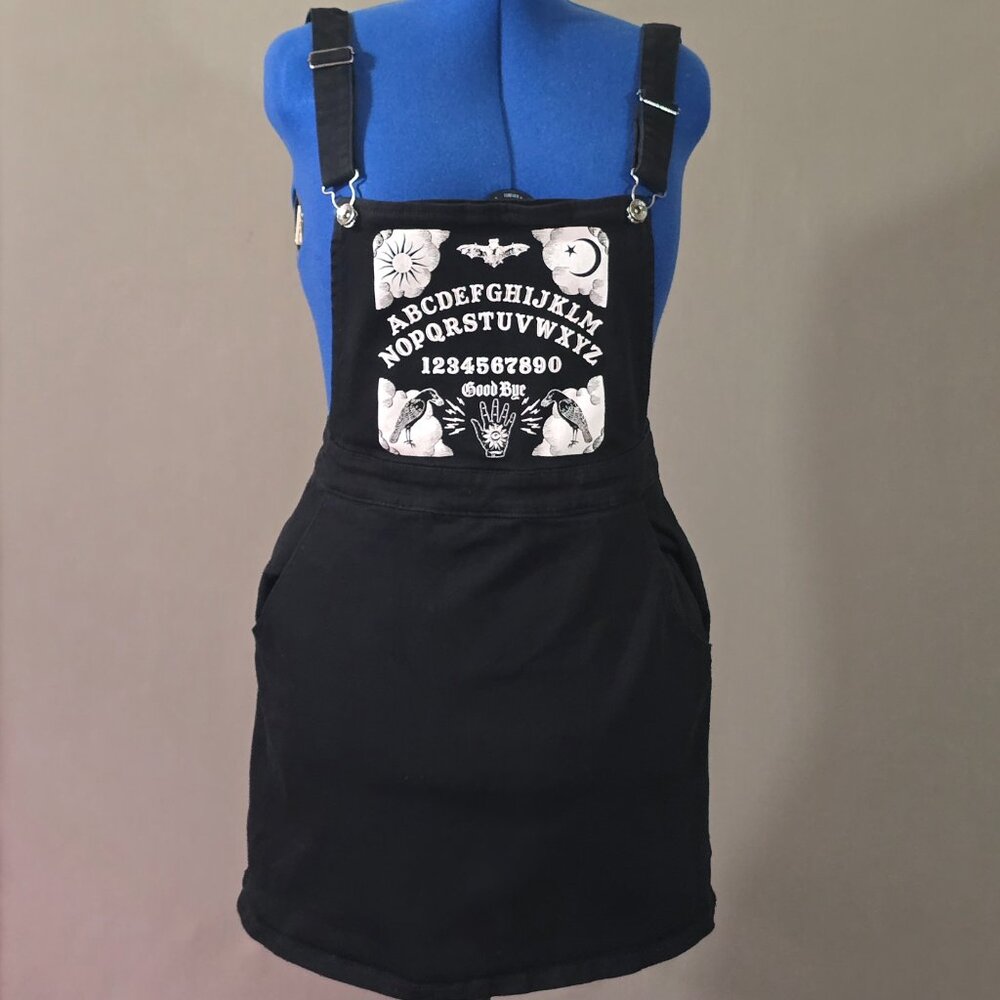 Hot Topic Ouija Spirit Board Denim Jumper Dress Goth Bib Skirt L Womens Preowned